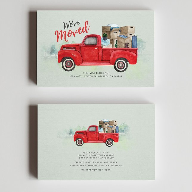 Cartão De Visita Anunciamento de Movimentação de Cores de Água Movi (Watercolor Red Truck Moving Announcement Mini Card)