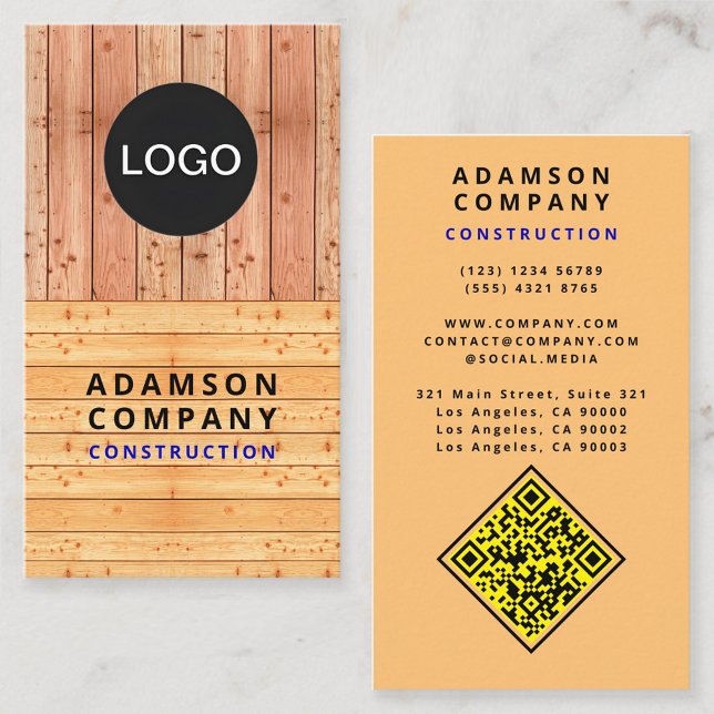 Cartão De Visita Aparência Profissional de Textura de Madeira - Log (Modern Professional Wood Grain Look - Logo / QR Code Business Card)