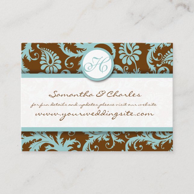 Cartão De Visita Aqua Blue Damask on Brown Damask Wedsite Cards (Frente)