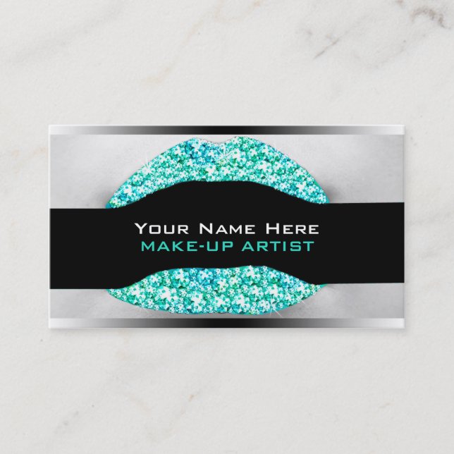 Cartão De Visita Aqua Turquoi Diamond Bling Make-Up Artist Biz Card (Frente)