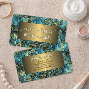 Cartão De Visita Aqua Turquoise Green Teal Blue Marbled Dourado