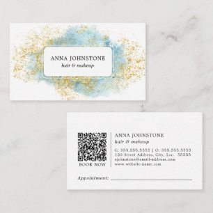 Cartão De Visita Aquarela Azul e Código QR Dourado Compromisso