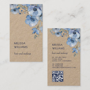 Cartão De Visita Aquarela Azul Floral Código Qr Rústico