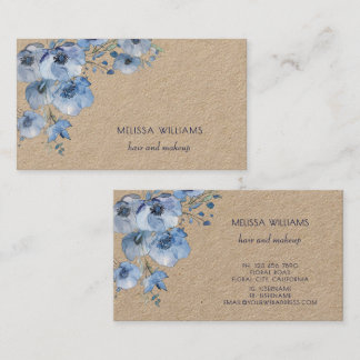 Cartão De Visita Aquarela Azul Floral Rústico