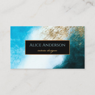 Cartão De Visita Aquarela azul preto dourado brilho designer