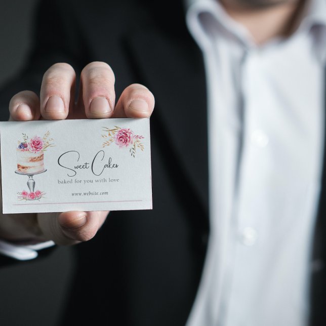 Cartão De Visita Aquarela Elegante Rosa-Bolo-Panorâmica (Sweet Cakes business card front)