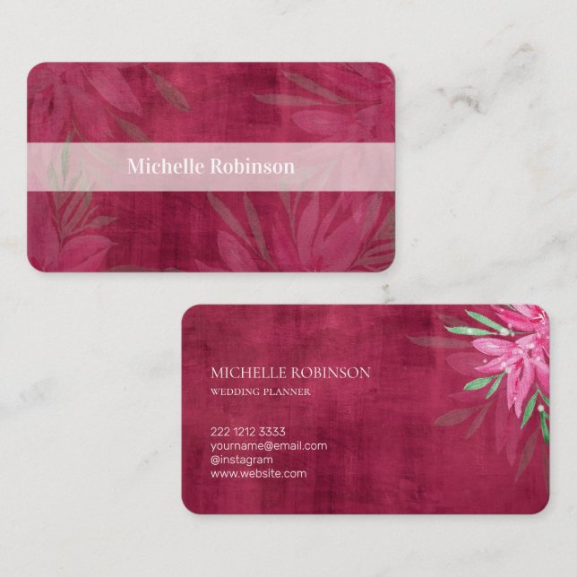 Cartão De Visita Aquarela Elegante Velvet Viva Magenta Floral (Frente/Verso)