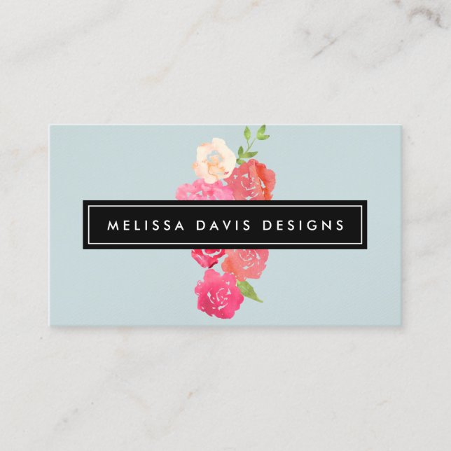 Cartão De Visita Aquarela Florais Beleza e Design Azul Pálido (Frente)