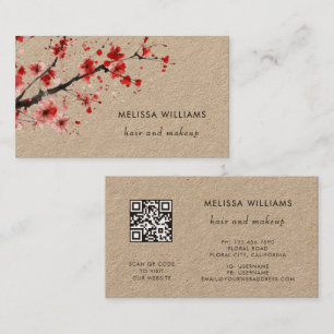 Cartão De Visita Aquarela Flores de Cerejeira Vermelhas Papel Kraft
