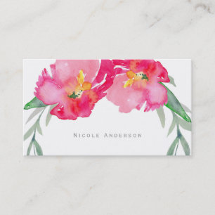 Cartão De Visita Aquarela Moderna Floral Folha Verde Tropical Rosa