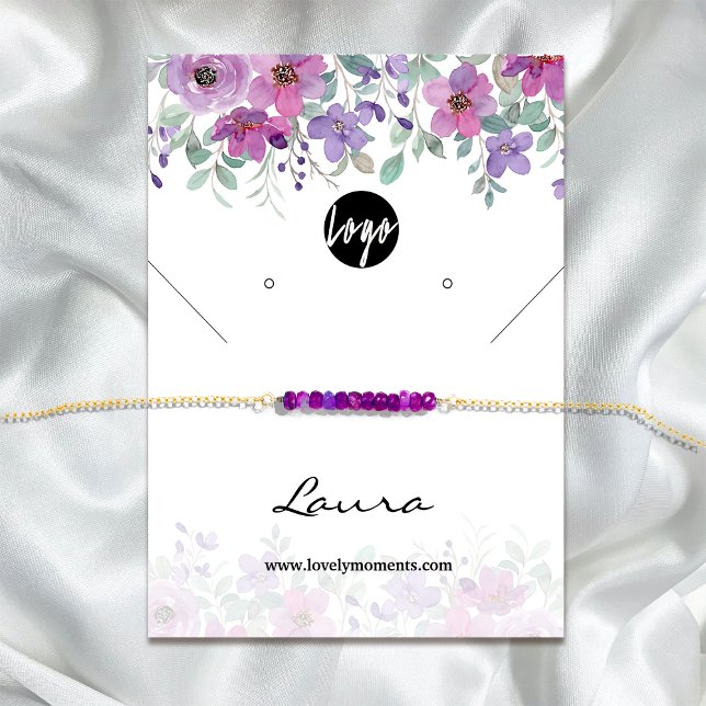 Cartão De Visita Aquarela Púrpura Florença com brinco (Watercolor Purple Florals earring display Business Card #zazzlemade #purpleflowers #watercolorflower)