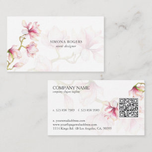 Cartão De Visita Aquarelas Código QR da Magnólia Rosa