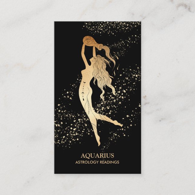 Cartão De Visita *~* AQUARIUS Astrologia Zodiaca Lendo Dourado Pret (Frente)