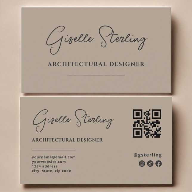 Cartão De Visita Architectura Designer Neutral Taupe Script QR Code (Criador carregado)