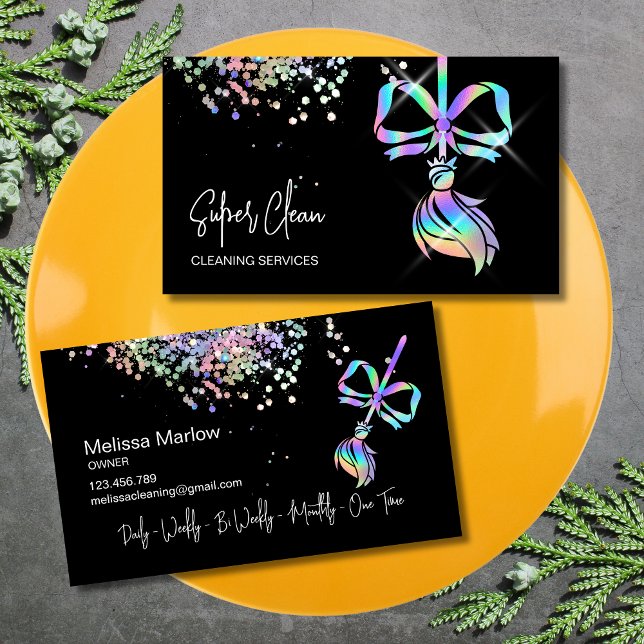 Cartão De Visita Arco de Trendência Maid Clearing House Holographic (business card with holographic broom with a bow on the black background)