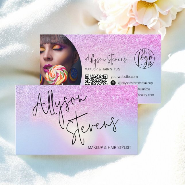 Cartão De Visita Arco-Íris Largura Ombre Maquiagem Holográfica QR (Rainbow Glitter Ombre Holographic Makeup QR Business Card)