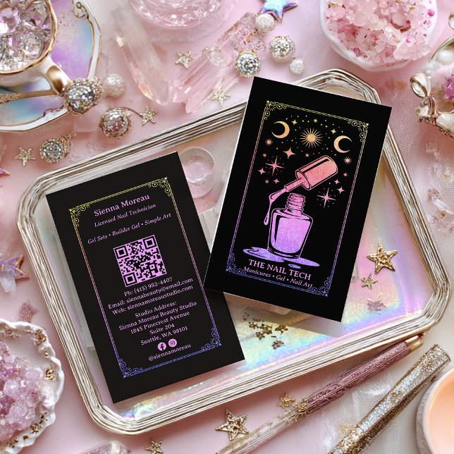 Cartão De Visita Arco-íris Retro Tarot Celestial Código QR de artis (Rainbow Retro Celestial Tarot Nail artist QR Code Business Card)