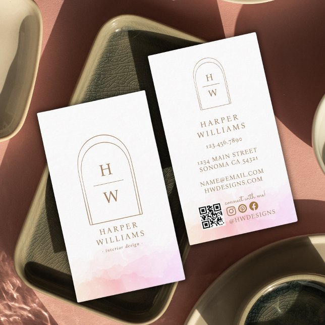 Cartão De Visita Arco Simples Monograma Elegante | Cor-de-rosa (Criador carregado)