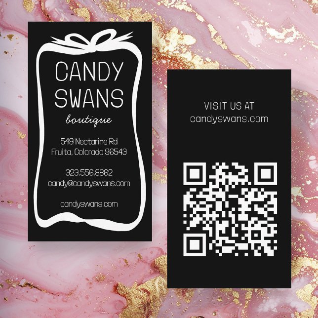 Cartão De Visita Arcos de Fita Preta Código QR Personalizado Doce G (Black Ribbon Bows Sweet Custom QR Code Girly Business Card
)