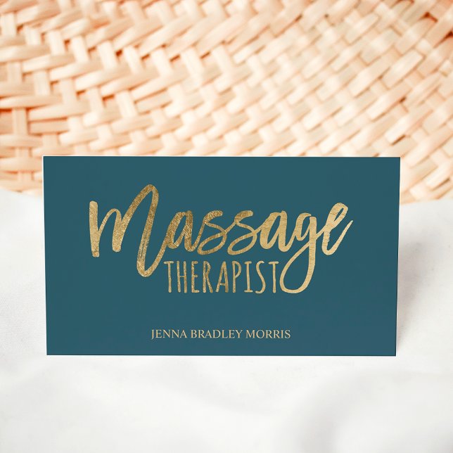 Cartão De Visita Argumento-terapeuta moderno de massagem guiado azu (Modern massage therapist script chic gold blue business card)