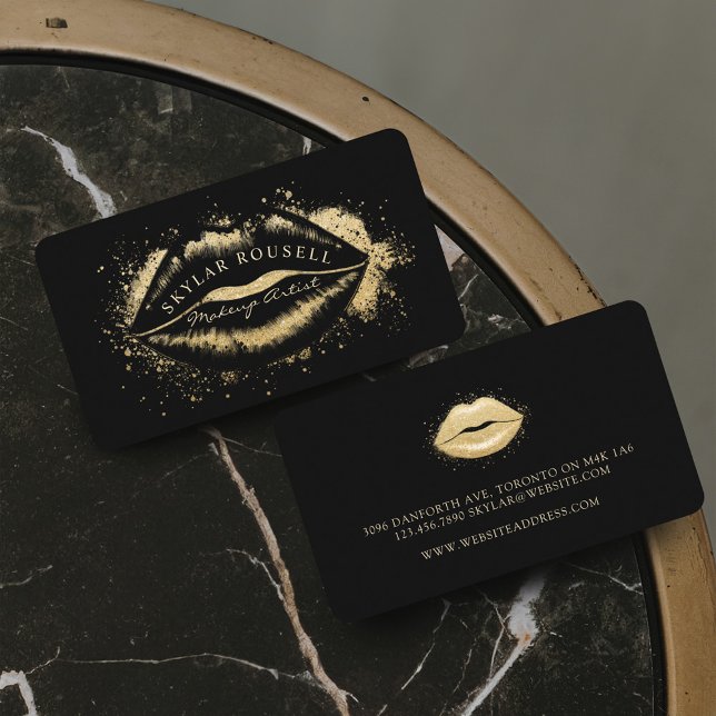 Cartão De Visita Arranjo de Lábios Dourados e negros de luxo (Luxury Black & Gold Glitter Lips Makeup Artist Business Card)