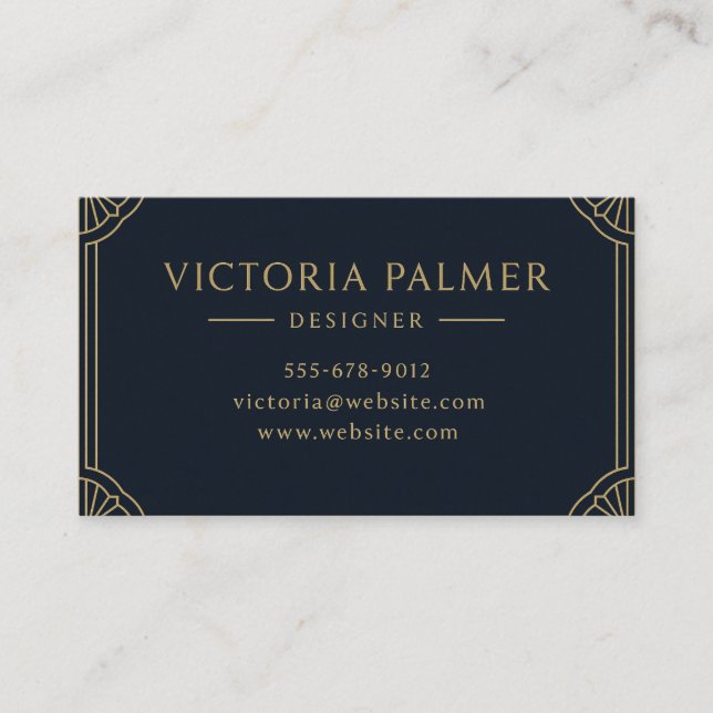 Cartão De Visita Art Deco Navy and Gold Luxury Business Card (Frente)