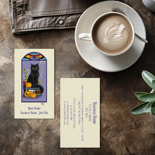 Cartão De Visita Art Nouveau Gato Preto Abóbora Roxo Outono Amarelo
