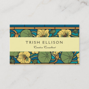 Cartão De Visita Art Nouveau Nasturtium Azul Dourado floral Verneui