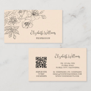 Cartão De Visita Arte Botânico de Linha Floral Preta Código QR