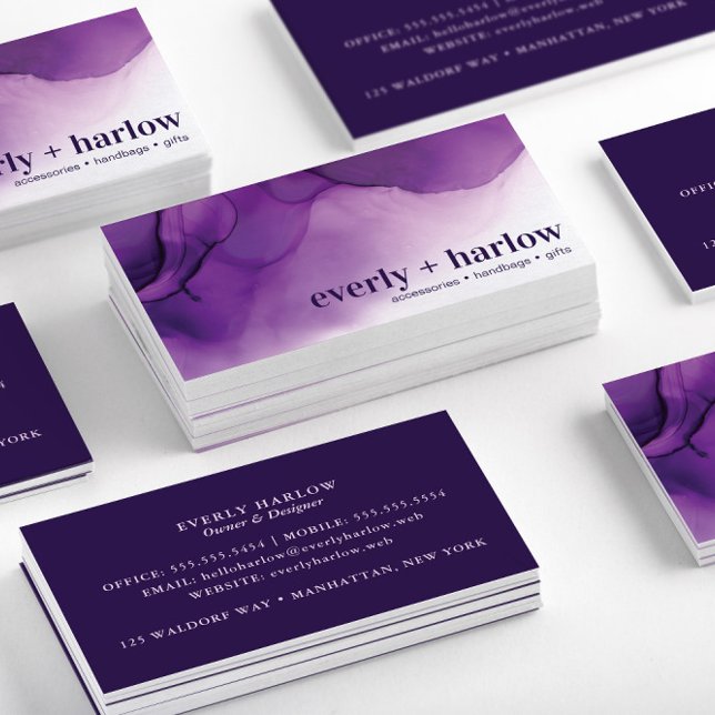 Cartão De Visita Arte de Abstrato de Álcool Roxo Elegante (Stacked Elegant Purple Abstract Alcohol Ink Art Business Cards-Front & Back)