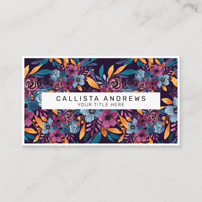 Cartão De Visita Arte de Flores de Aquarela de Marinho Burgundy (Frente)