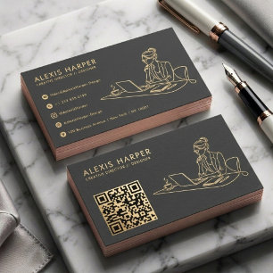 Cartão De Visita Arte de Linha de Código QR Moderno Dourado Preto M
