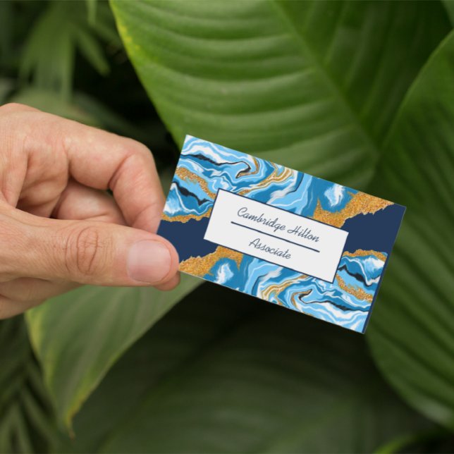 Cartão De Visita Arte escura azul, branca e Dourada Marble Fluid (Criador carregado)