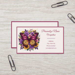 Cartão De Visita Arte Floral Borboleta Roxa e Dourada Elegante
