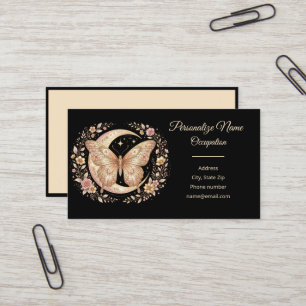 Cartão De Visita Arte Floral Lua Borboleta Celestial Dourada Elegan