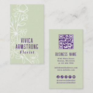 Cartão De Visita Arte Floral Verde Roxo Florista