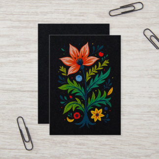 Cartão De Visita Arte Folclórica Botânica Escura Floral Vibrante e