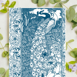 Cartão De Visita Arte Nova Antiga Pavão Floral Azul 