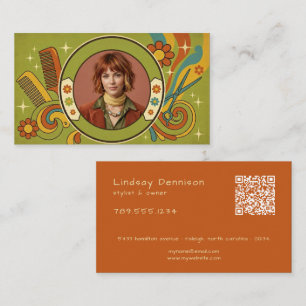 Cartão De Visita Arte Pop Moderna Retro Cabelo Foto QR dos Anos Set