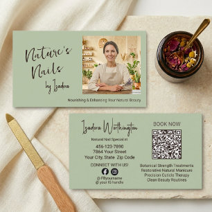 Cartão De Visita Artesanal Herança Verde Salvia Foto Unha Social QR