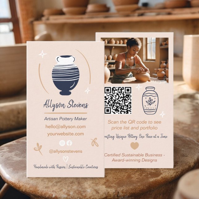 Cartão De Visita Artisan Pottery Maker Crafts Fotografia qr code (Rustic Artisan Pottery Maker Crafts photo qr code Business Card)