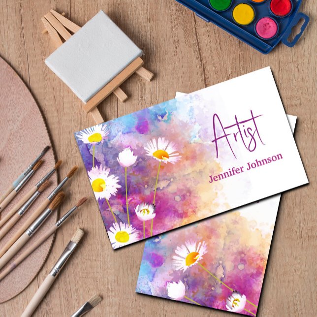 Cartão De Visita Artista da Aquarela das Flores de abstrato (Modern business card with abstract daisy flowers – perfect for artist#ModernArt#BusinessCard #Daisy)