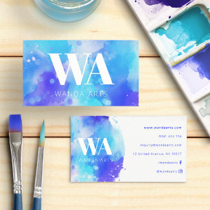 Cartão De Visita Artista de Aquarela Azul Monograma Roxo