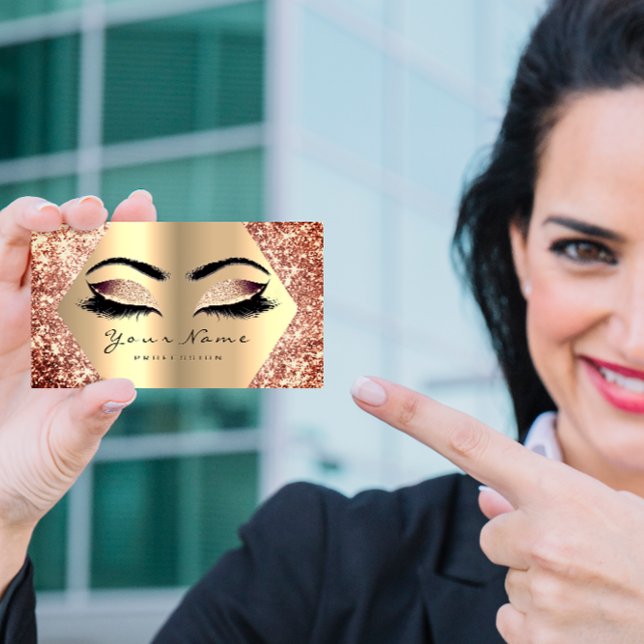Cartão De Visita Artista de Makeup Glitter Dourado rosa (Rose Gold Glitter Makeup Artist Lashes Champaigne Business Card)