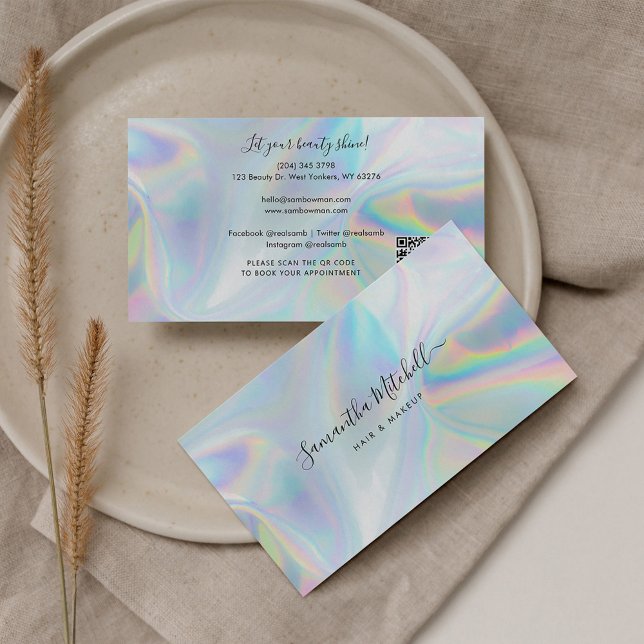 Cartão De Visita Artista de maquiagem de beleza do código QR hologr (Modern QR Code Holographic Script Euro Business Card)