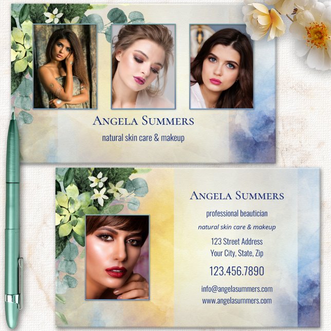 Cartão De Visita Artista de Maquiagem de Beleza Natural Orgânica Po (Photo template beauty business card with watercolor flowers and elegant design)