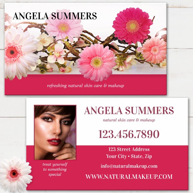 Cartão De Visita Artista de Maquiagem de Beleza Natural Rosa Negrit (Elegant beauty floral business card with custom photo in vibrant fuchsia with white - makeup artist)