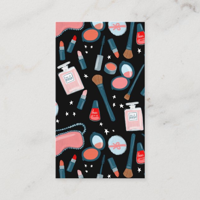 Cartão De Visita Artista de maquiagem de beleza vítrea preto-rosa (Frente)