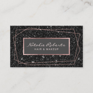 Cartão De Visita Artista de maquiagem de brilho preto Rosa geométr