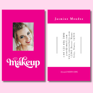 Cartão De Visita Artista de Maquiagem de Foto com Letra Branca Rosa